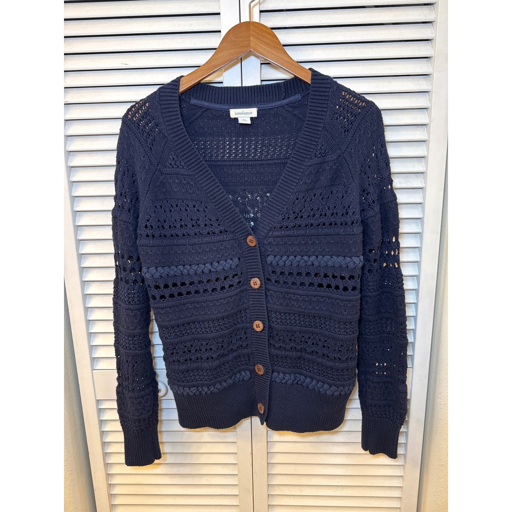Sundance Navy Blue Pointelle Knit Cardigan Sweater Womens XS Button Front Boho